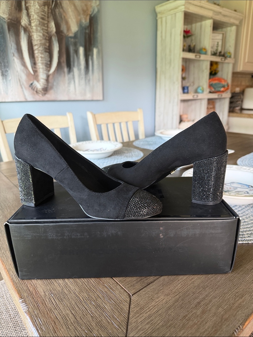 White House Black Market Black Suede Block Heel Pumps with Crystal Accents